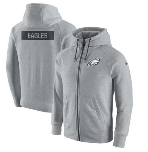 Men's Philadelphia Eagles Nike Ash Gridiron Gray 2.0 Full-Zip Hoodie - Click Image to Close